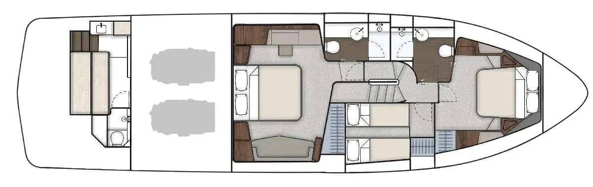 Floor plan of a luxury boat interior with two bedrooms, two bathrooms, a lounge area, and kitchen layout.